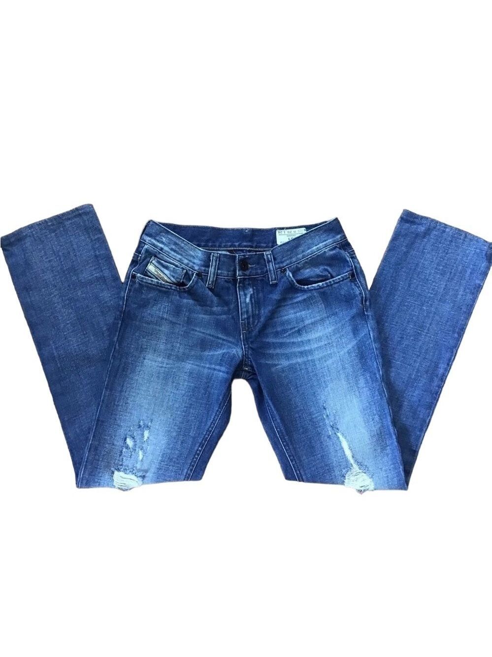 Diesel Liv Low Rise Straight Leg Jeans Sequin Pocket Distressed Denim 28